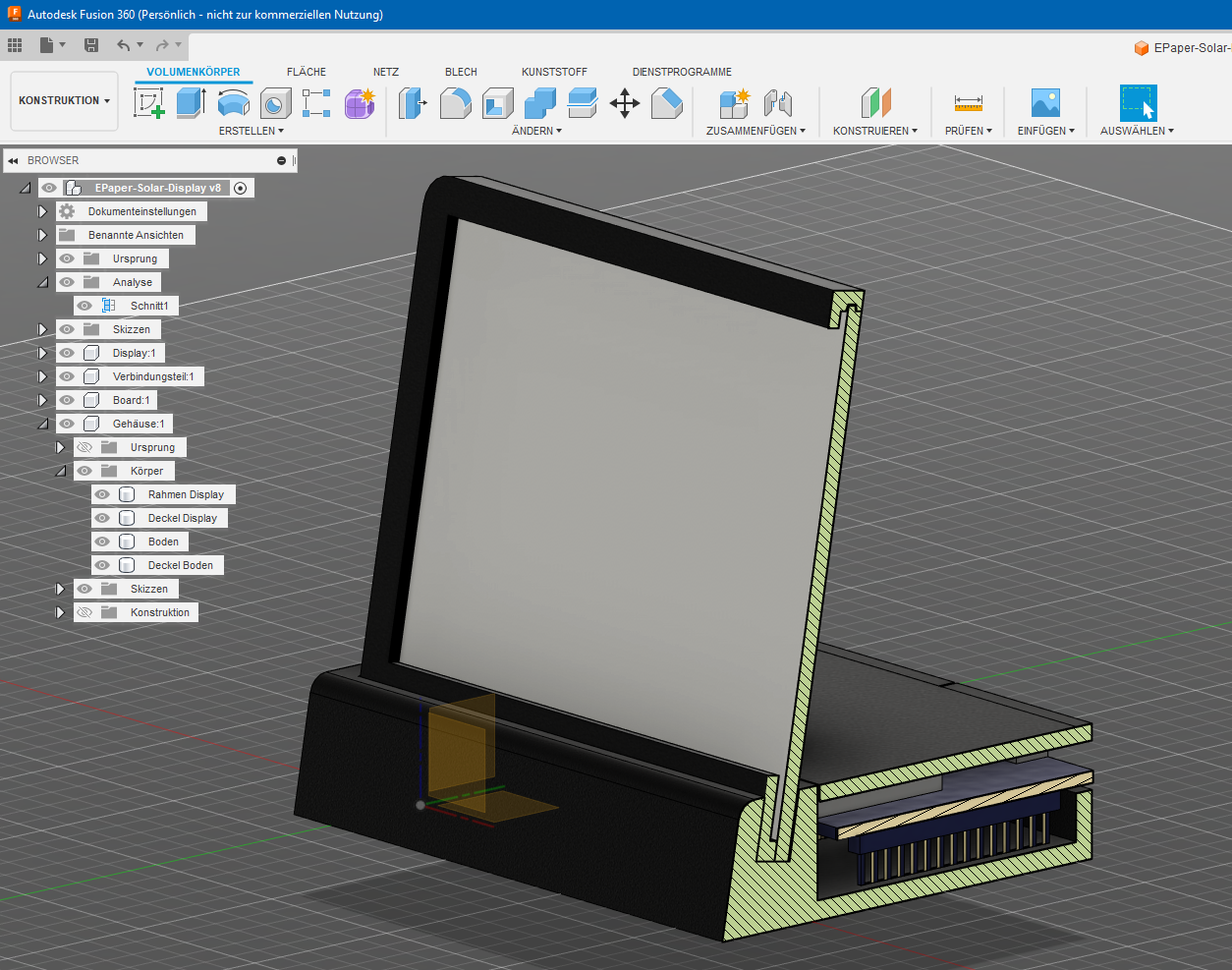 3D-Modell des Gehäuses in Fusion360 mit Querschnitt